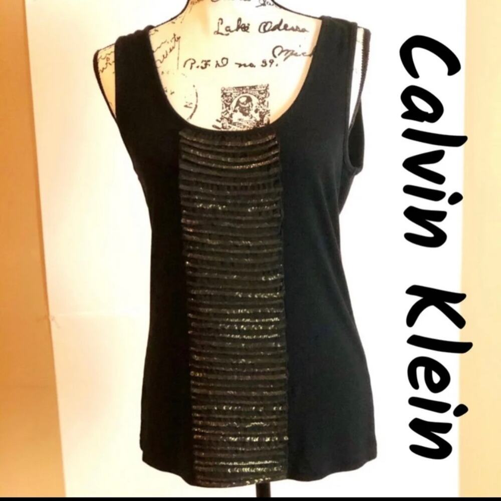 Like New Beautiful Calvin Klein Camisole Large. Pleated with gold sequins. Black